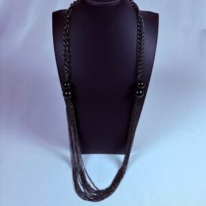 Talbots Gunmetal Multi Strand Long Necklace Black Bead Accent T Logo Charm 30in